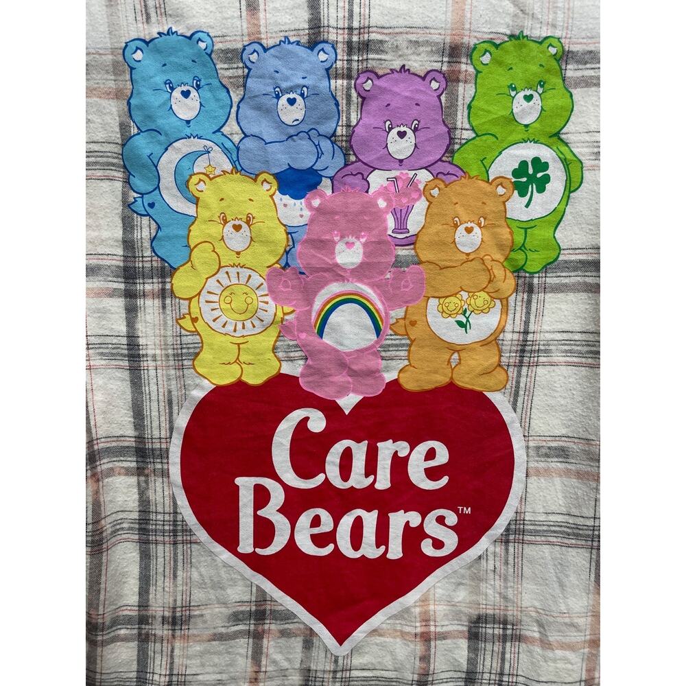 Care Bears Womens Size Medium White Bleach Dyed Flannel Back Graphic 90s Retro - Picture 2 of 8